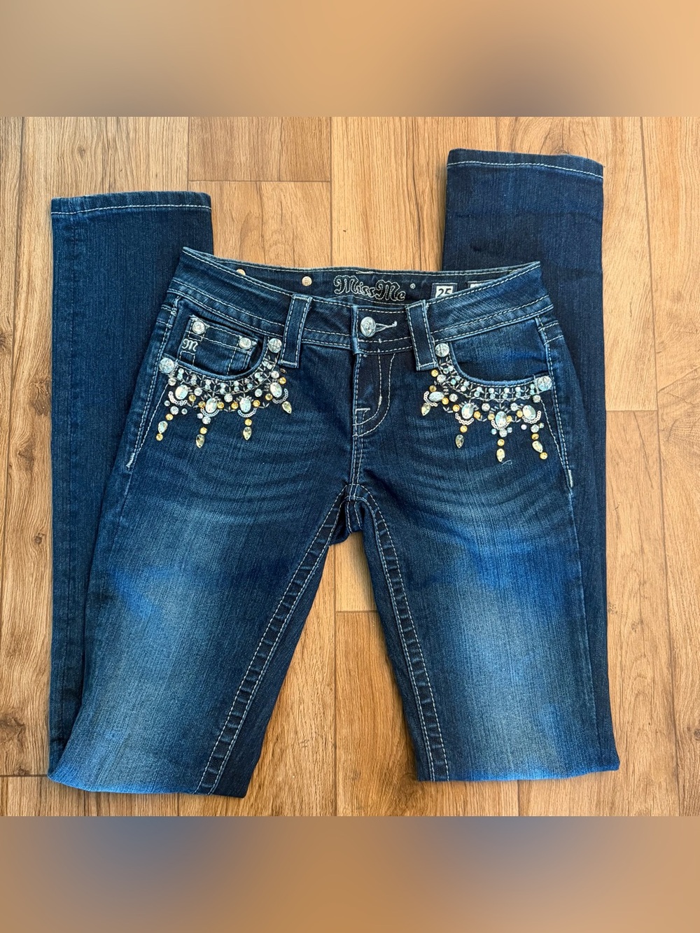 Miss Me Signature Straight Jeans Bedazzled Dark Blue Jeans Size 25